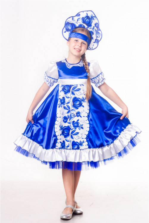 Русский народный костюм "Гжель" для девочки (синий) 