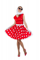 Карнавальный костюм «Платье 50-х» белый горох, красный верх.  