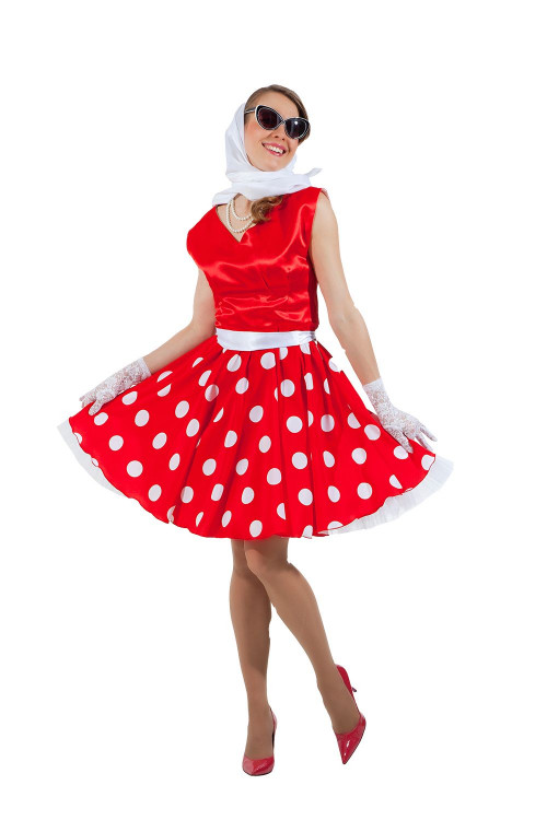 Карнавальный костюм "Платье 50-х годов" - белый горох, красный верх